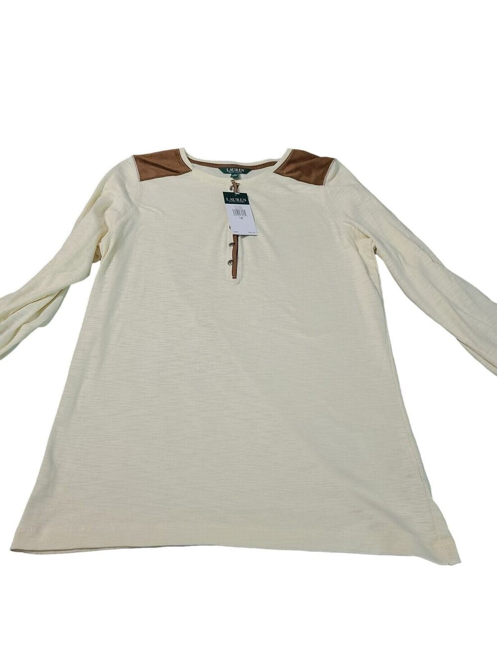 NWT Lauren Ralph Womens Western Henley Shirt Beige 1X Cream 100% Cotton